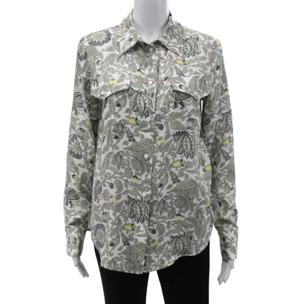 Gold Hawk Women Gray Silk Collared Floral Button Blouse Long Sleeve Size XS